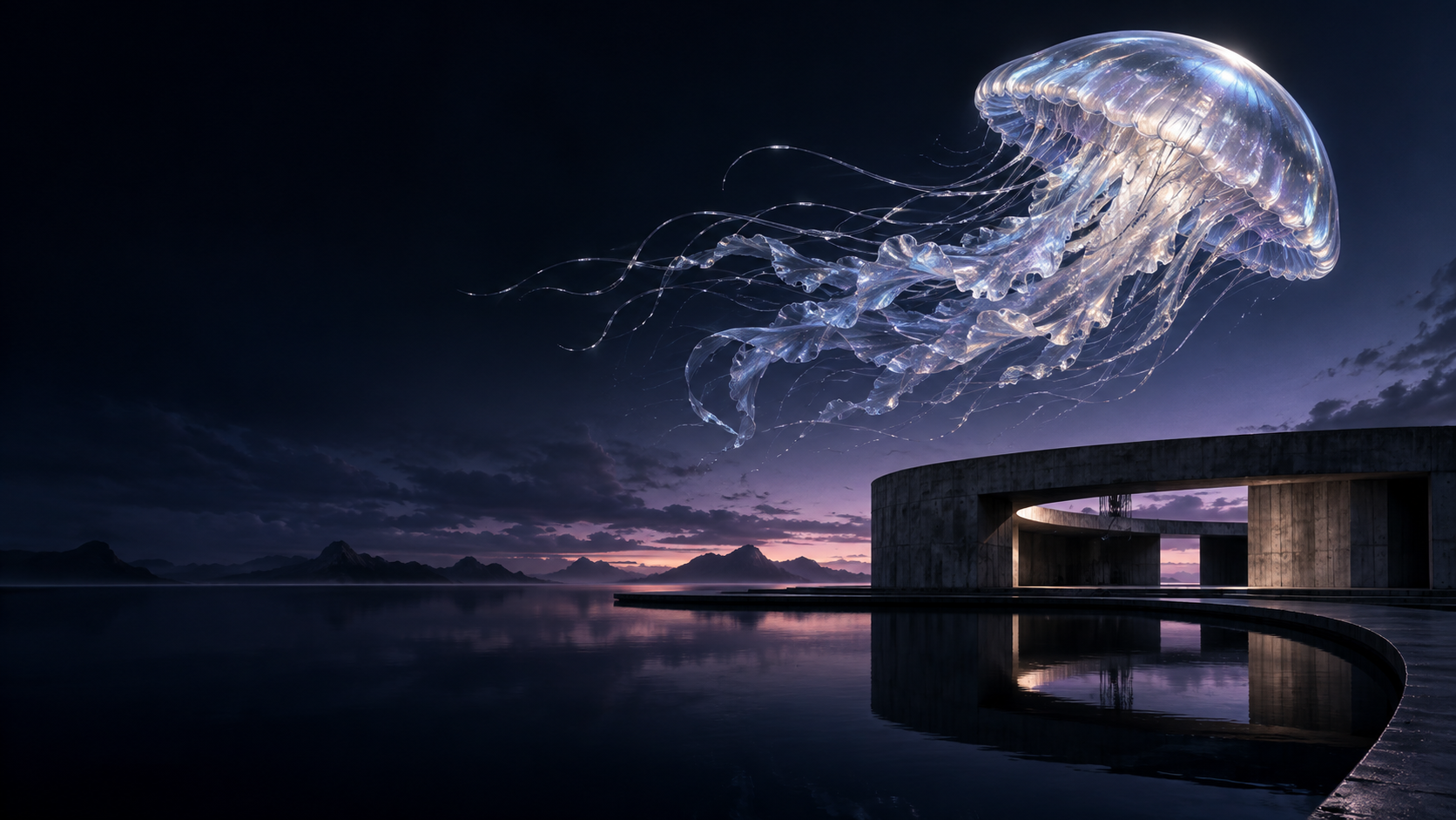Iridescent jellyfish above brutalist water architecture — original FablePhase inspiration artwork