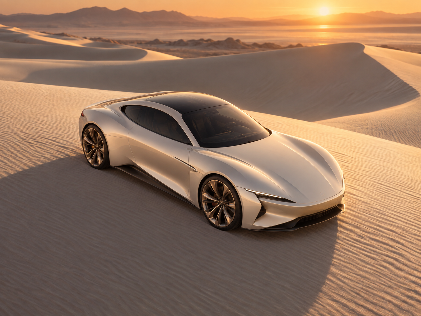 Silver coupe in sunset dunes — original FablePhase inspiration artwork